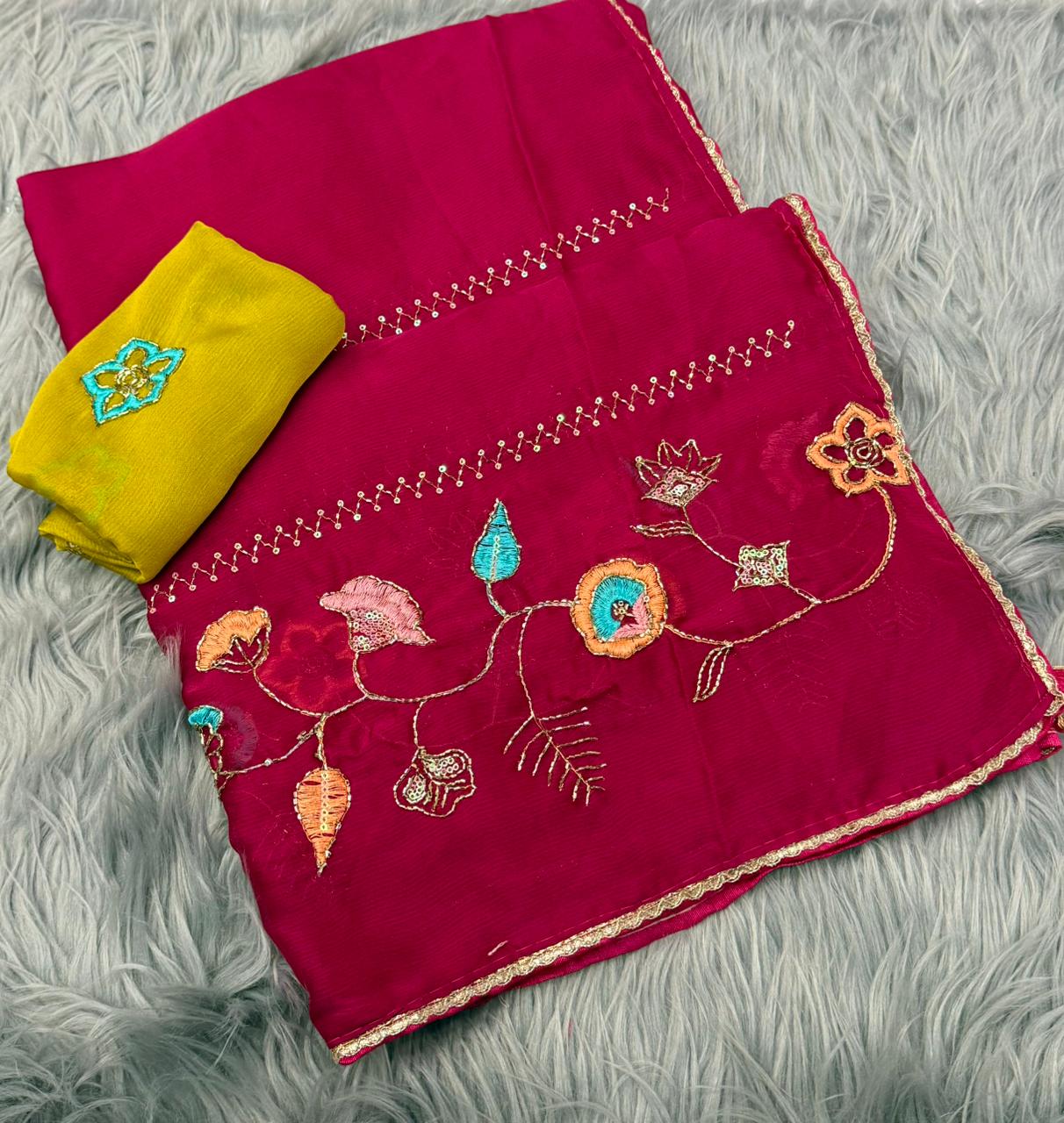 NN-2169 RANGOLI FABRIC SAREE WITH HANDWORK BORDER WITH EMBROIDERY WORK AND THREAD WORK WTH SEQUENCE WORK AND BEADS WORK WITH CONTRAST BLOUSE