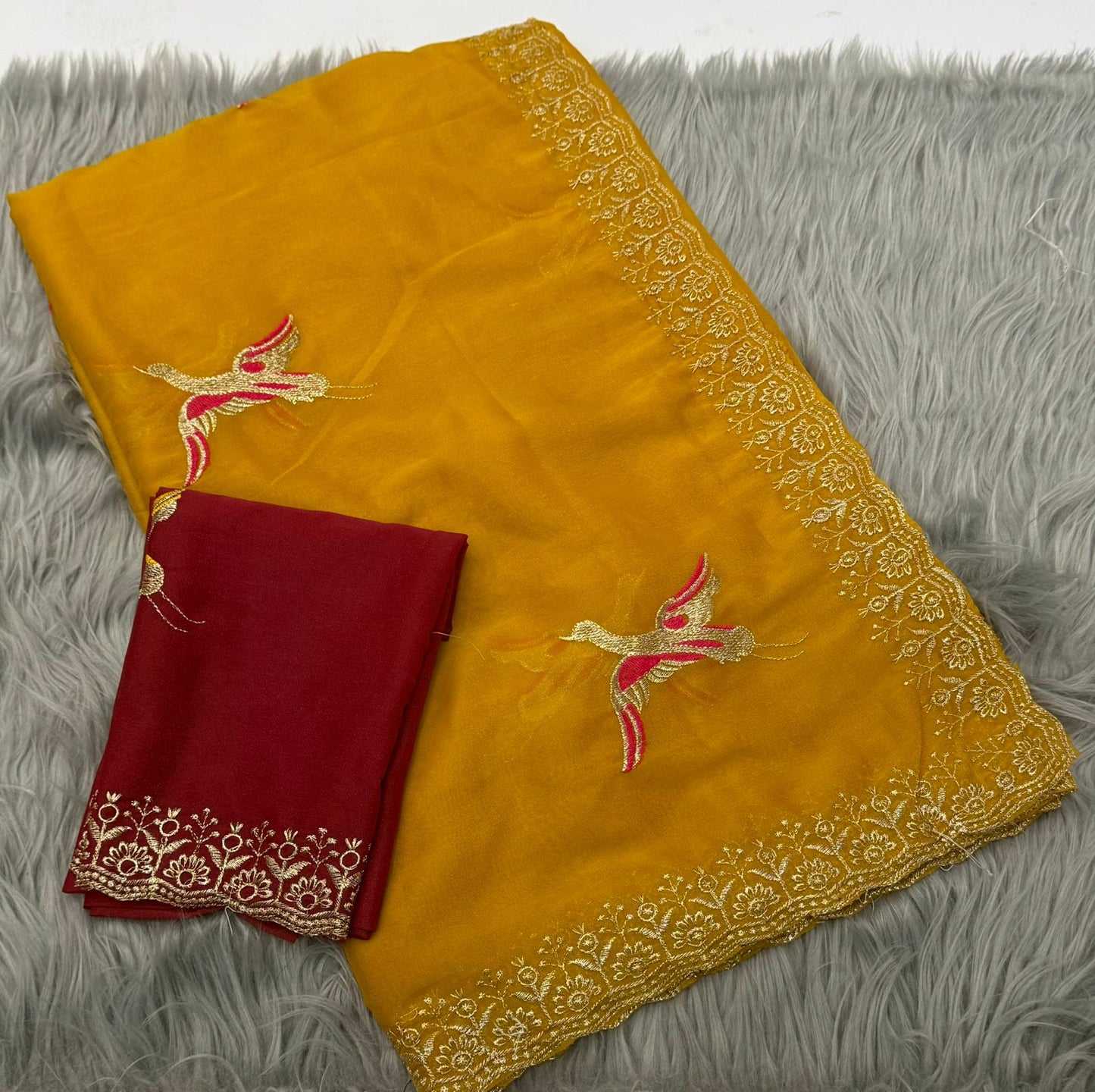 NN-2170 STAR GEORGETTE FABRIC SAREE WITH EMBROIDERY WORK WITH BEAUTIFUL C-PALLU AND FIGURE WORK ALL OVER ON SAREE WITH CONTRAST BLOUSE