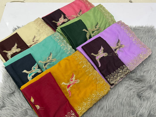 NN-2170 STAR GEORGETTE FABRIC SAREE WITH EMBROIDERY WORK WITH BEAUTIFUL C-PALLU AND FIGURE WORK ALL OVER ON SAREE WITH CONTRAST BLOUSE