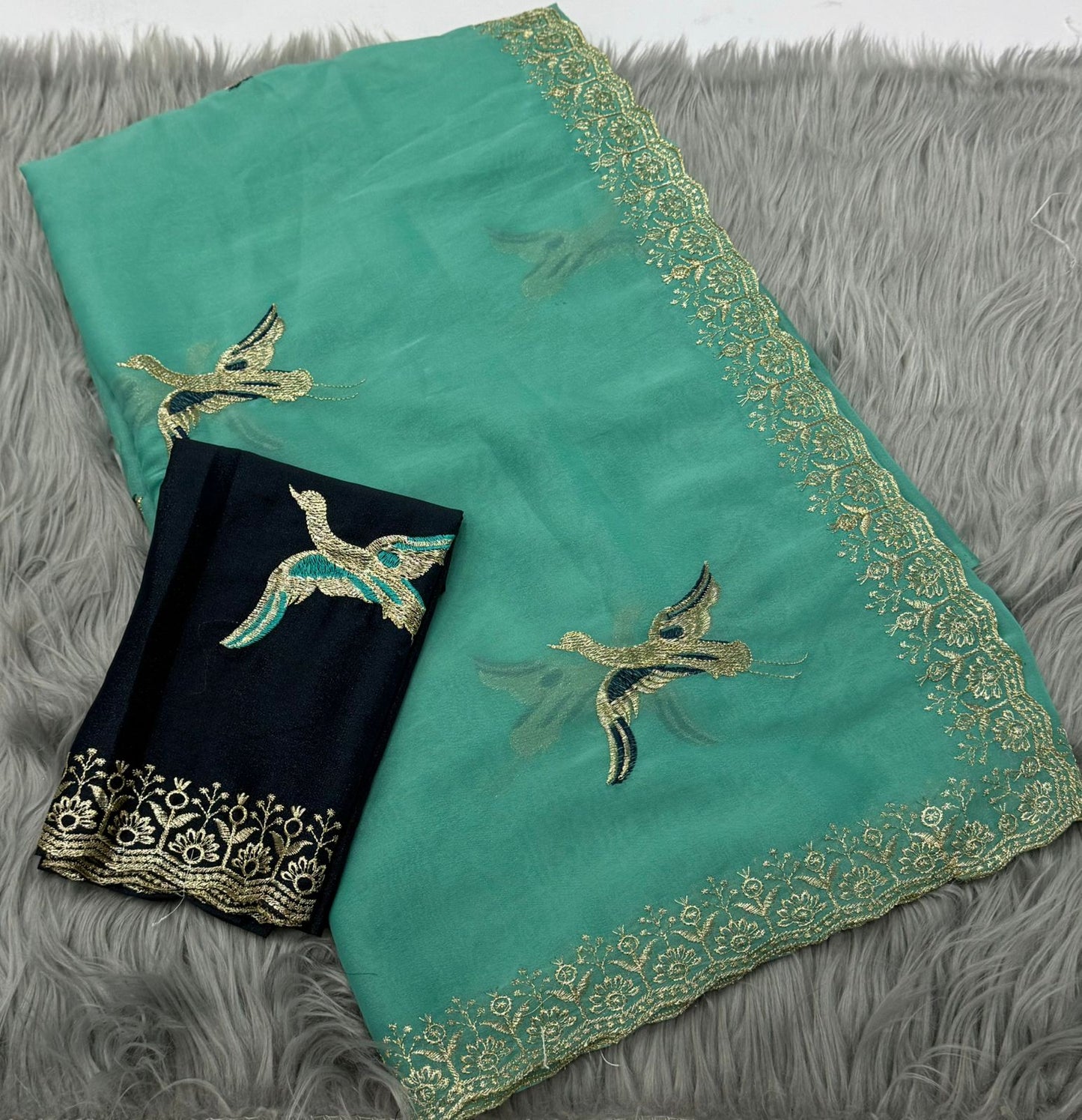 NN-2170 STAR GEORGETTE FABRIC SAREE WITH EMBROIDERY WORK WITH BEAUTIFUL C-PALLU AND FIGURE WORK ALL OVER ON SAREE WITH CONTRAST BLOUSE