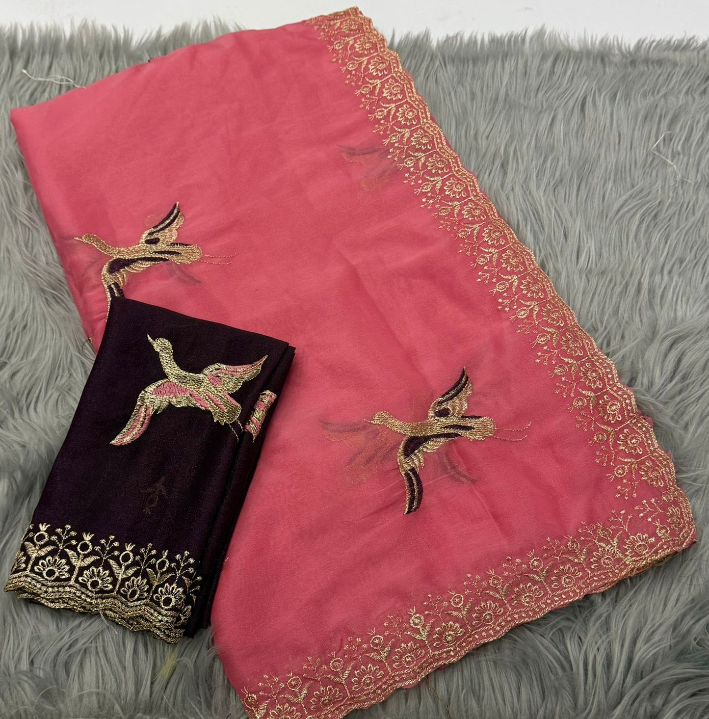NN-2170 STAR GEORGETTE FABRIC SAREE WITH EMBROIDERY WORK WITH BEAUTIFUL C-PALLU AND FIGURE WORK ALL OVER ON SAREE WITH CONTRAST BLOUSE
