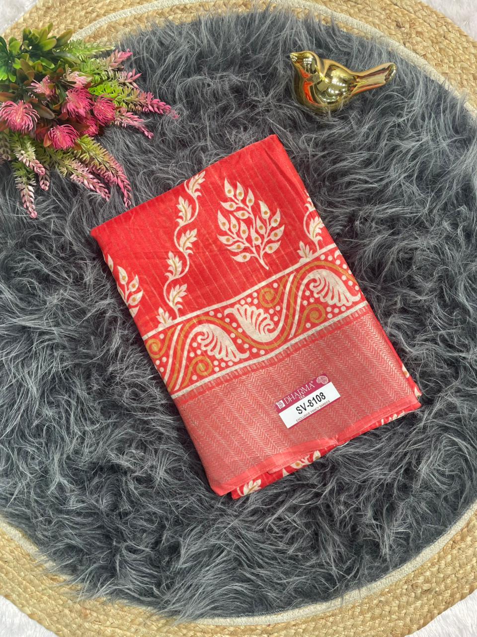 SV-8108 DOLA RIKO FABRIC SAREE WITH BEAUTIFUL RICH PALLU WITH FLOWER PRINT WITH JACUARD BORDER WITH BLOUSE