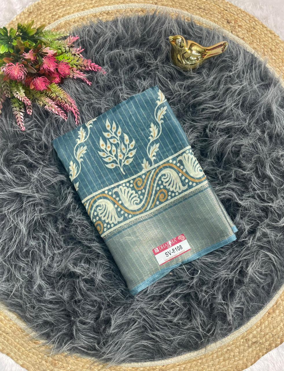 SV-8108 DOLA RIKO FABRIC SAREE WITH BEAUTIFUL RICH PALLU WITH FLOWER PRINT WITH JACUARD BORDER WITH BLOUSE