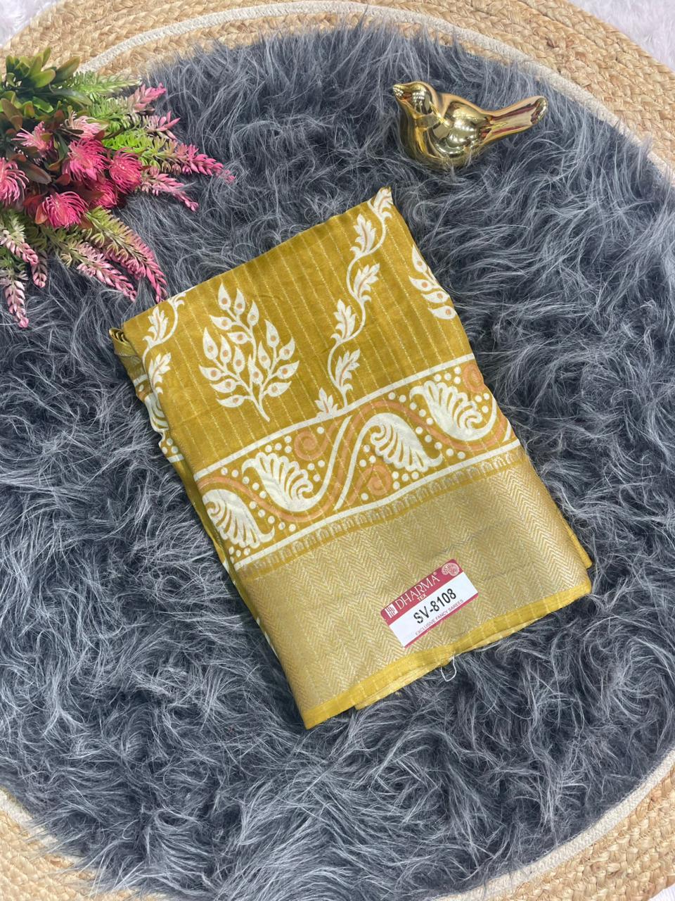SV-8108 DOLA RIKO FABRIC SAREE WITH BEAUTIFUL RICH PALLU WITH FLOWER PRINT WITH JACUARD BORDER WITH BLOUSE