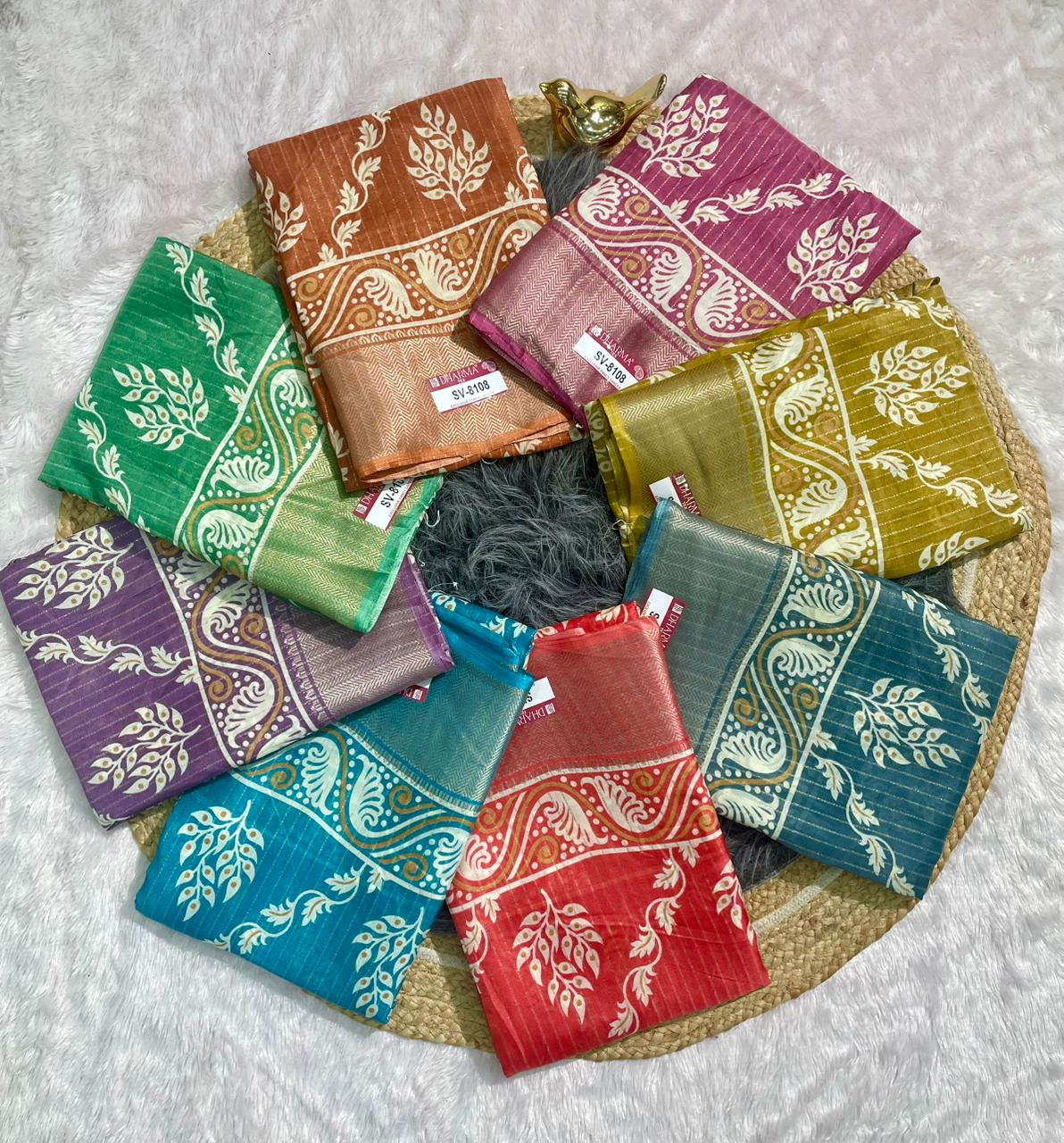 SV-8108 DOLA RIKO FABRIC SAREE WITH BEAUTIFUL RICH PALLU WITH FLOWER PRINT WITH JACUARD BORDER WITH BLOUSE