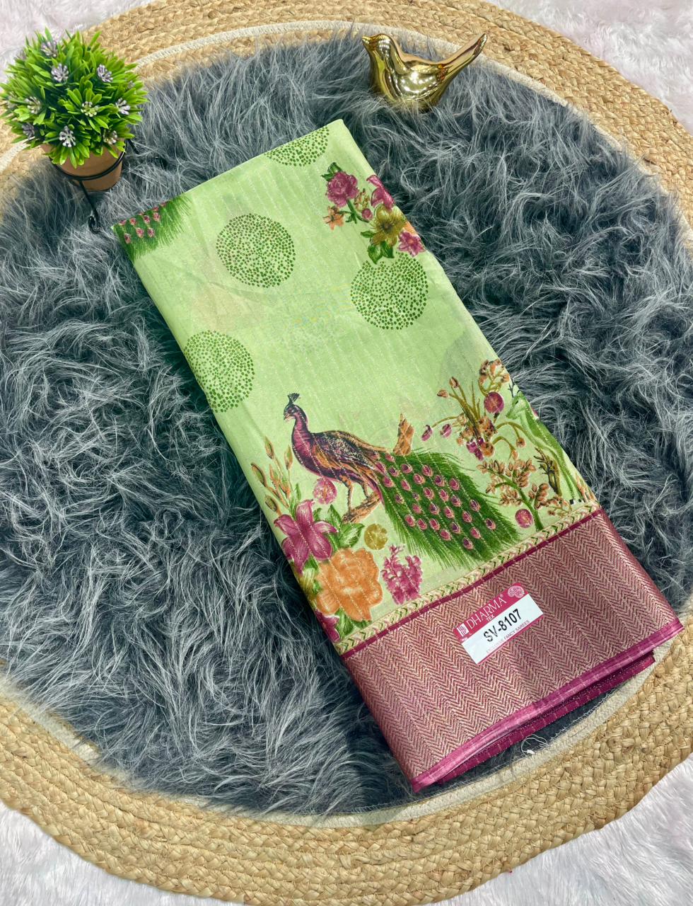 SV-8107 DOLA RIKO FABRIC SAREE WITH BEAUTIFUL PEACOCK PRINT WITH ALL OVER ON SAREE WITH JACUARD BORDER WITH BLOUSE