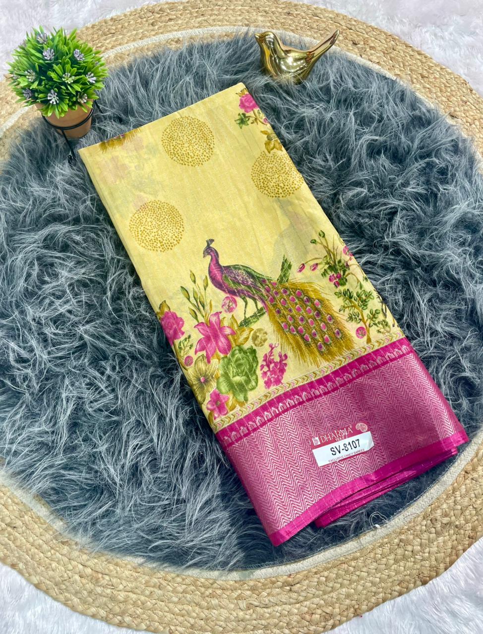 SV-8107 DOLA RIKO FABRIC SAREE WITH BEAUTIFUL PEACOCK PRINT WITH ALL OVER ON SAREE WITH JACUARD BORDER WITH BLOUSE
