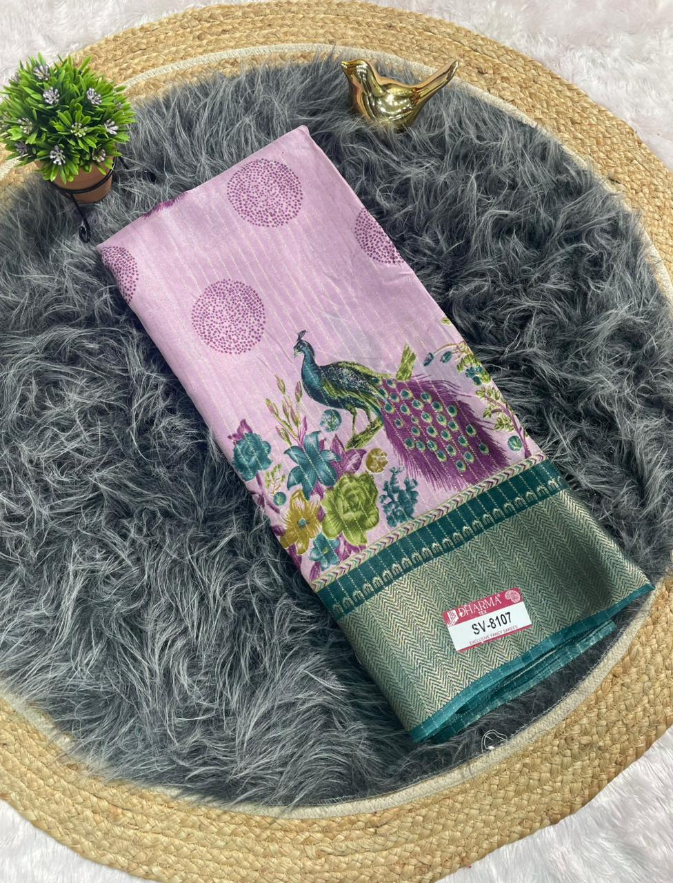 SV-8107 DOLA RIKO FABRIC SAREE WITH BEAUTIFUL PEACOCK PRINT WITH ALL OVER ON SAREE WITH JACUARD BORDER WITH BLOUSE