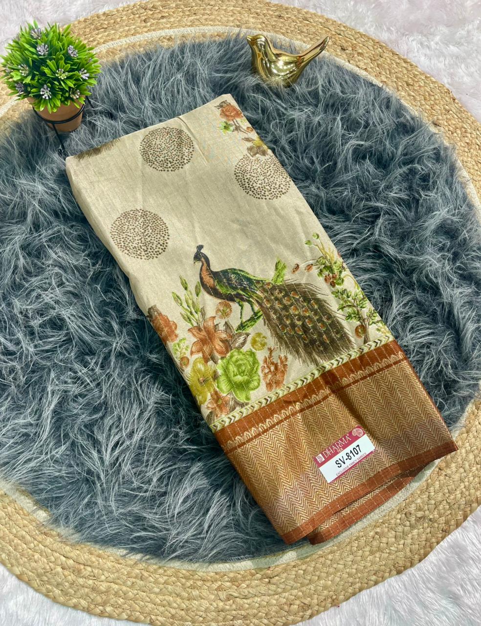 SV-8107 DOLA RIKO FABRIC SAREE WITH BEAUTIFUL PEACOCK PRINT WITH ALL OVER ON SAREE WITH JACUARD BORDER WITH BLOUSE