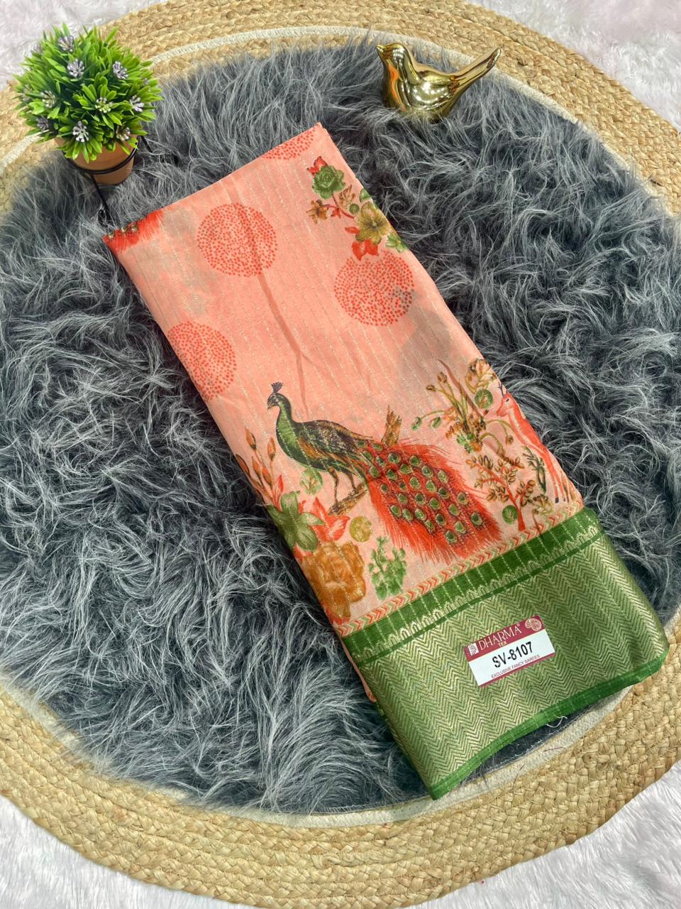 SV-8107 DOLA RIKO FABRIC SAREE WITH BEAUTIFUL PEACOCK PRINT WITH ALL OVER ON SAREE WITH JACUARD BORDER WITH BLOUSE