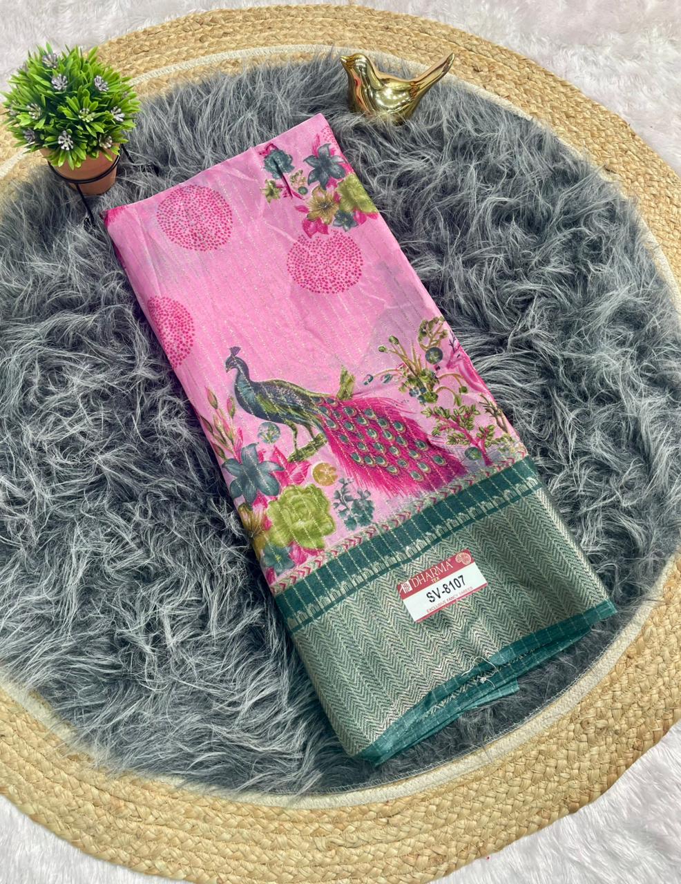 SV-8107 DOLA RIKO FABRIC SAREE WITH BEAUTIFUL PEACOCK PRINT WITH ALL OVER ON SAREE WITH JACUARD BORDER WITH BLOUSE