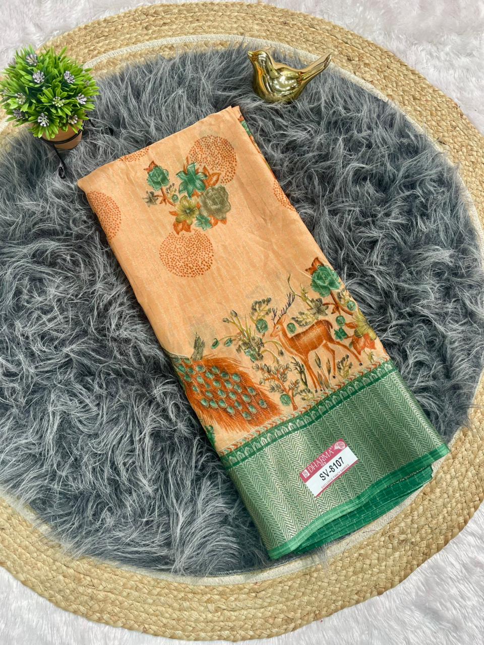 SV-8107 DOLA RIKO FABRIC SAREE WITH BEAUTIFUL PEACOCK PRINT WITH ALL OVER ON SAREE WITH JACUARD BORDER WITH BLOUSE