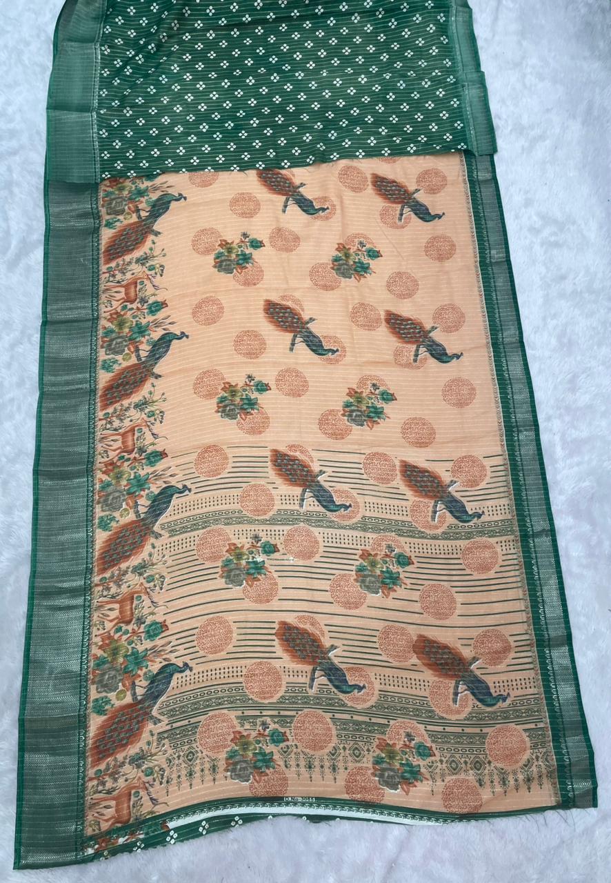 SV-8107 DOLA RIKO FABRIC SAREE WITH BEAUTIFUL PEACOCK PRINT WITH ALL OVER ON SAREE WITH JACUARD BORDER WITH BLOUSE