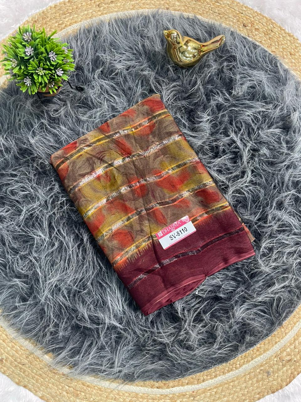 SV-8110 PATTERN FABRIC SAREE WITH RICH PALLU DESIGN WITH FLOWER PRINT WITH BLOUSE