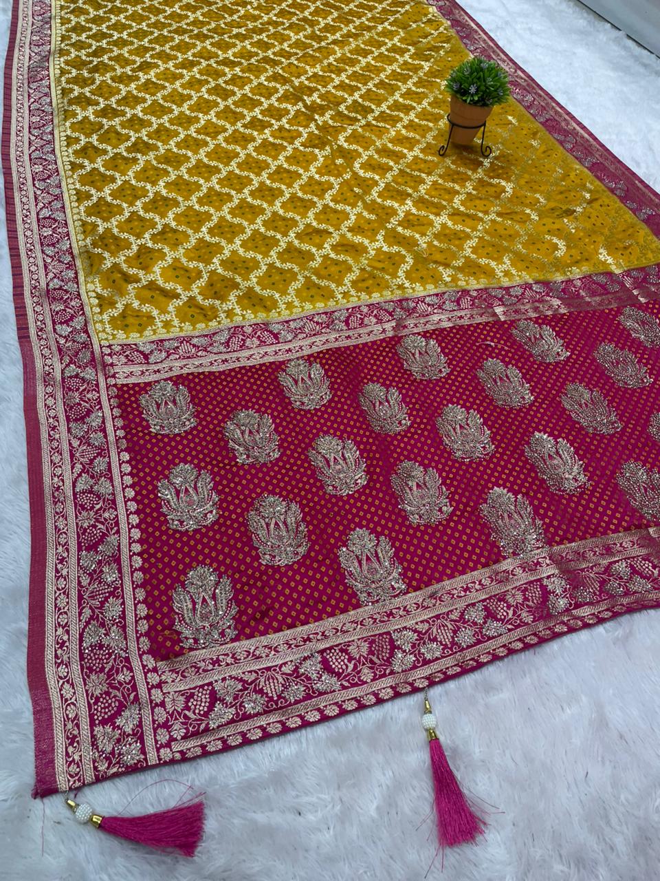AJ-PARI SATIN SILK FABRIC SAREE WITH BEAUTIFUL GHATCHOLA DESIGN WITH CHAP DYING WORK WITH HEAVY JARKAN WORK WITH RICH PALLU DESIGN WITH LATKAN WITH CONTRAST BLOUSE