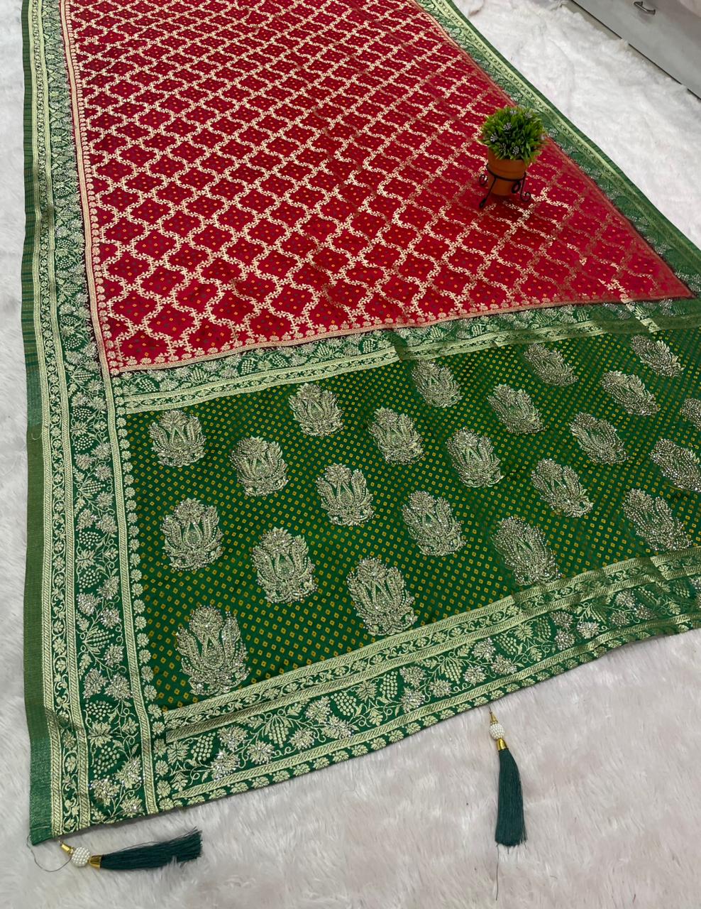 AJ-PARI SATIN SILK FABRIC SAREE WITH BEAUTIFUL GHATCHOLA DESIGN WITH CHAP DYING WORK WITH HEAVY JARKAN WORK WITH RICH PALLU DESIGN WITH LATKAN WITH CONTRAST BLOUSE