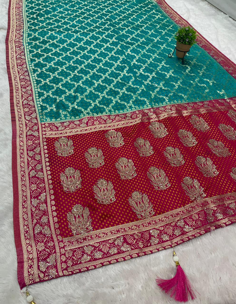 AJ-PARI SATIN SILK FABRIC SAREE WITH BEAUTIFUL GHATCHOLA DESIGN WITH CHAP DYING WORK WITH HEAVY JARKAN WORK WITH RICH PALLU DESIGN WITH LATKAN WITH CONTRAST BLOUSE