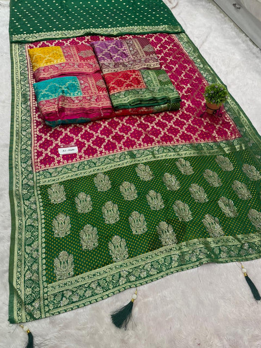 AJ-PARI SATIN SILK FABRIC SAREE WITH BEAUTIFUL GHATCHOLA DESIGN WITH CHAP DYING WORK WITH HEAVY JARKAN WORK WITH RICH PALLU DESIGN WITH LATKAN WITH CONTRAST BLOUSE