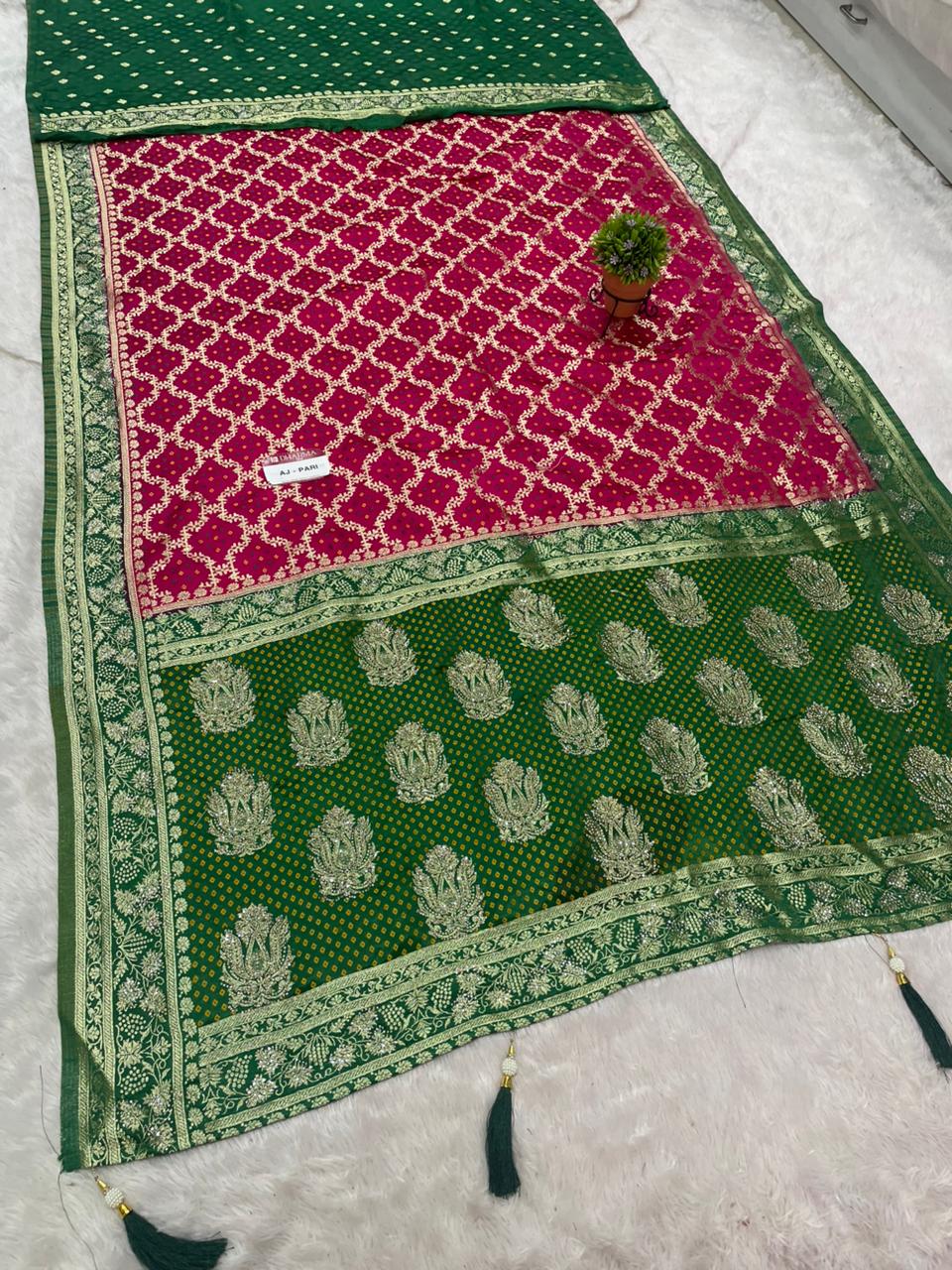 AJ-PARI SATIN SILK FABRIC SAREE WITH BEAUTIFUL GHATCHOLA DESIGN WITH CHAP DYING WORK WITH HEAVY JARKAN WORK WITH RICH PALLU DESIGN WITH LATKAN WITH CONTRAST BLOUSE