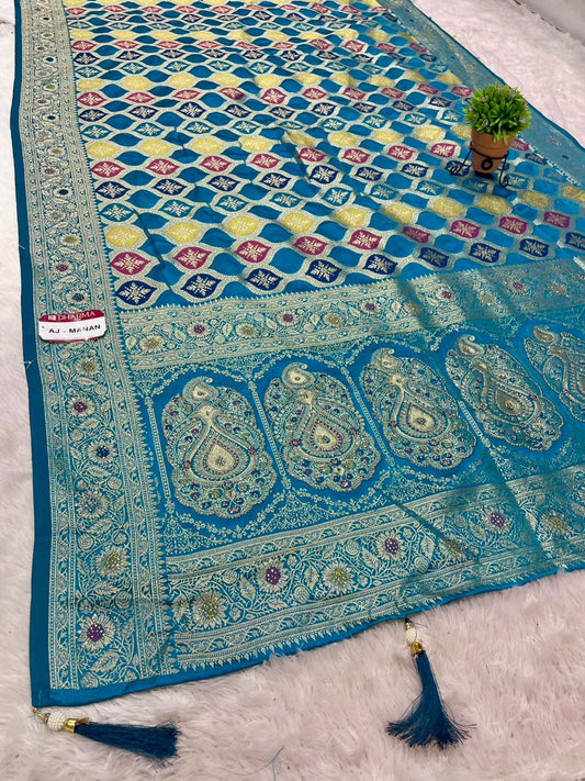 AJ-MANAN SATIN SILK FABRIC SAREE WITH HEAVY JARKAN WORK WITH RICH PALLU DESIGN WITH RANGKAT DESIGNE WITH MEENAKARI WOEK WITH PIPING AND LARKAN WITH BLOUSE
