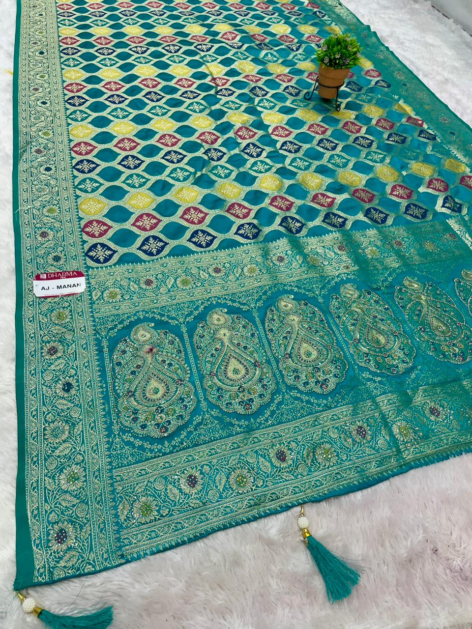 AJ-MANAN SATIN SILK FABRIC SAREE WITH HEAVY JARKAN WORK WITH RICH PALLU DESIGN WITH RANGKAT DESIGNE WITH MEENAKARI WOEK WITH PIPING AND LARKAN WITH BLOUSE