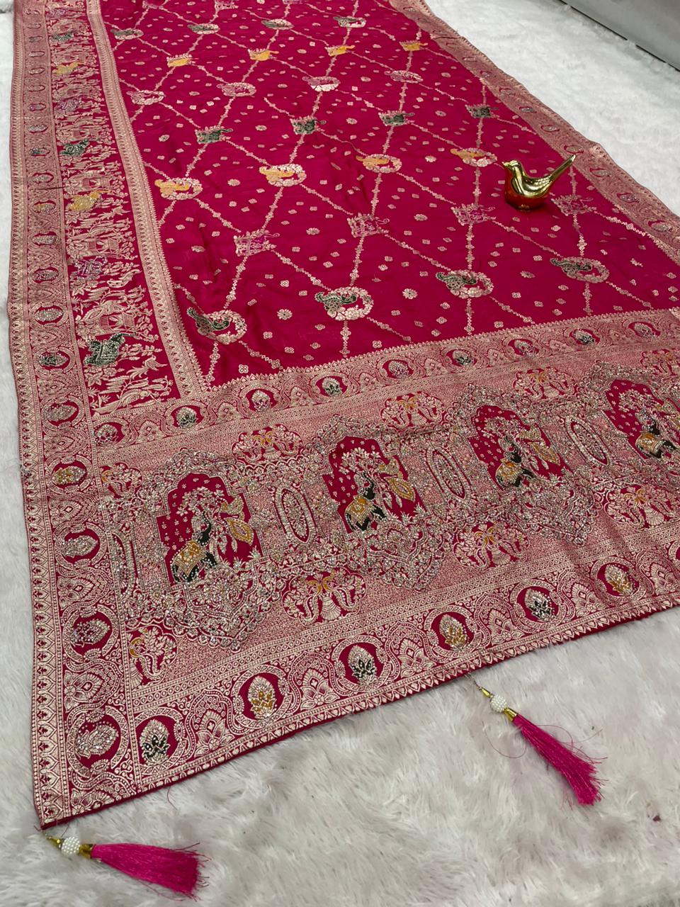 AJ-CORAL SATIN SILK FABRIC SAREE WITH HEAVY JARKAN WORK WITH RICH PALLU DESIGN WITH MEENA KARI WORK WITH BEAUTIFUL PEACOCK AND GAJRAJ DESIGN ON SAREE WITH LATKAN AND PIPING WITH BUTTI BLOUSE