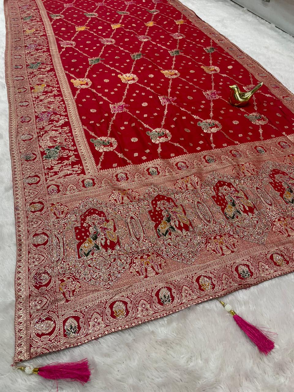 AJ-CORAL SATIN SILK FABRIC SAREE WITH HEAVY JARKAN WORK WITH RICH PALLU DESIGN WITH MEENA KARI WORK WITH BEAUTIFUL PEACOCK AND GAJRAJ DESIGN ON SAREE WITH LATKAN AND PIPING WITH BUTTI BLOUSE