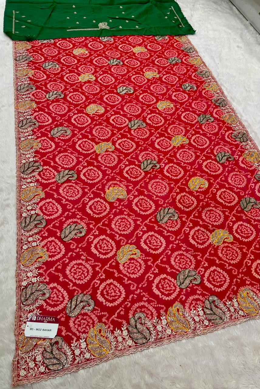 BS-MOZ BAHAR BANDHANI FABRIC SAREE WITH BEAUTIFUL BANDHANI DESIGN WITH SIROSKI WORK ON SAREE WITH CONTRAST BLOUSE