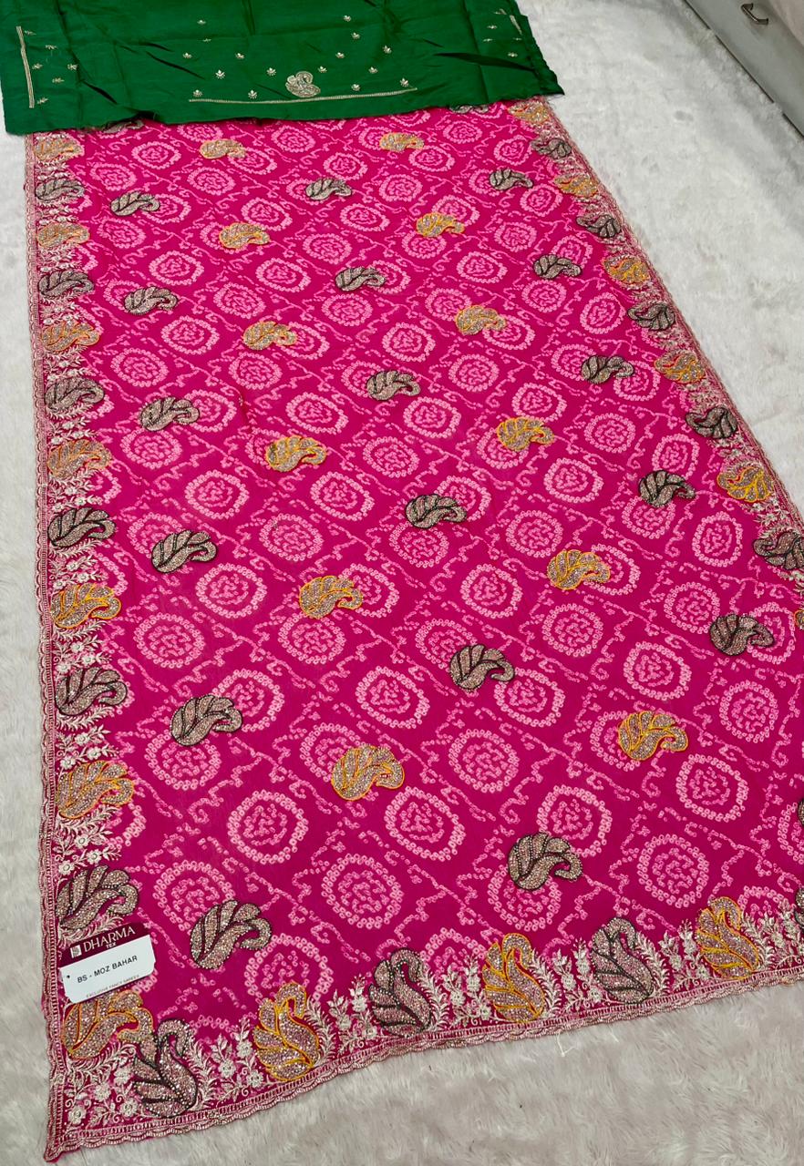 BS-MOZ BAHAR BANDHANI FABRIC SAREE WITH BEAUTIFUL BANDHANI DESIGN WITH SIROSKI WORK ON SAREE WITH CONTRAST BLOUSE