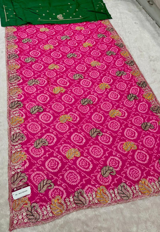 BS-MOZ BAHAR BANDHANI FABRIC SAREE WITH BEAUTIFUL BANDHANI DESIGN WITH SIROSKI WORK ON SAREE WITH CONTRAST BLOUSE