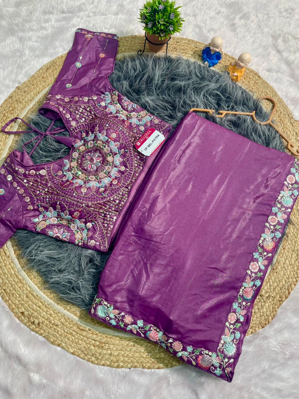 DF-BEL PATRA ORIGINAL CHOCLATE FABRIC SAREE WITH EMBROIDERY WORK AND SEQUENCE WORK WITH CODING WORK AND HEAVY EMBROIDERY STICHED BLOUSE WITH HANDWORK AND SEQUENCE WORK WITH TRENDING SAREE