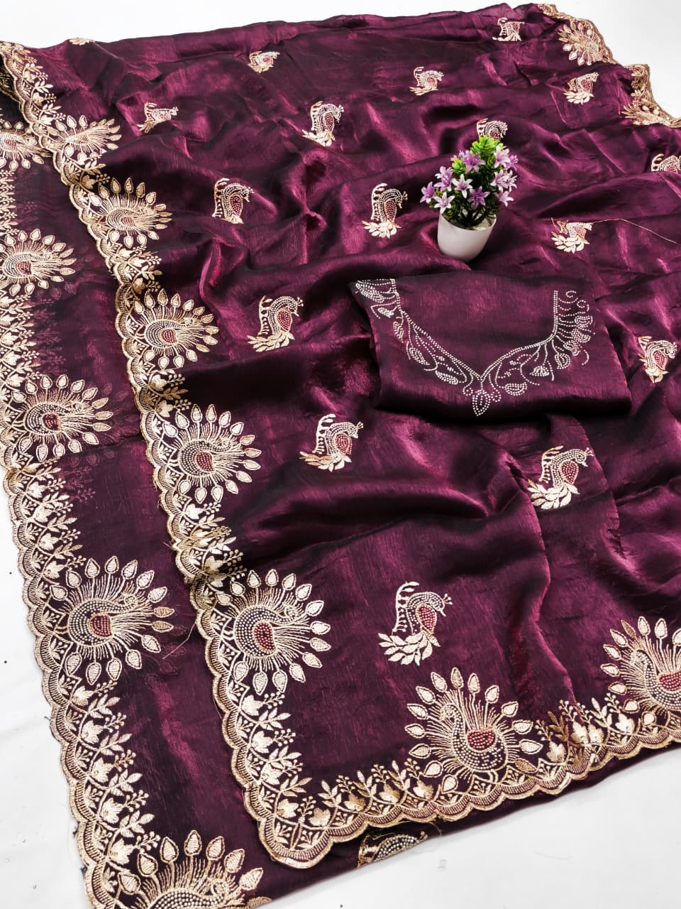 DF-AMOHA FENDI CHIFFON FABRIC SAREE WITH HEAVY EMBROIDERY WORK WITH SIROSKI WORK ALLOVER SAREE WITH BEAUTIFUL PEACOCK DESIGN WITH HEAVY WORK BLOUSE
