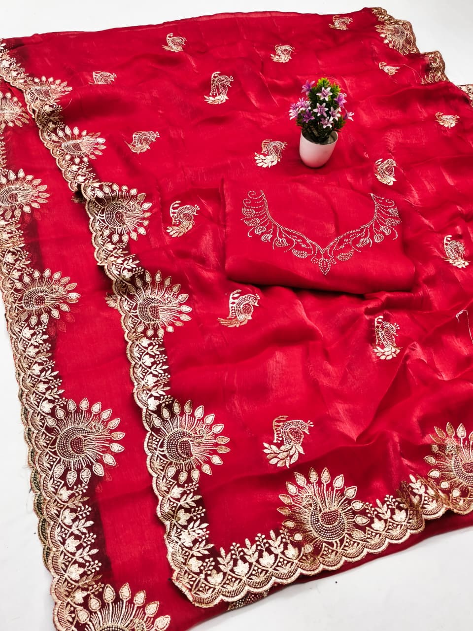 DF-AMOHA FENDI CHIFFON FABRIC SAREE WITH HEAVY EMBROIDERY WORK WITH SIROSKI WORK ALLOVER SAREE WITH BEAUTIFUL PEACOCK DESIGN WITH HEAVY WORK BLOUSE