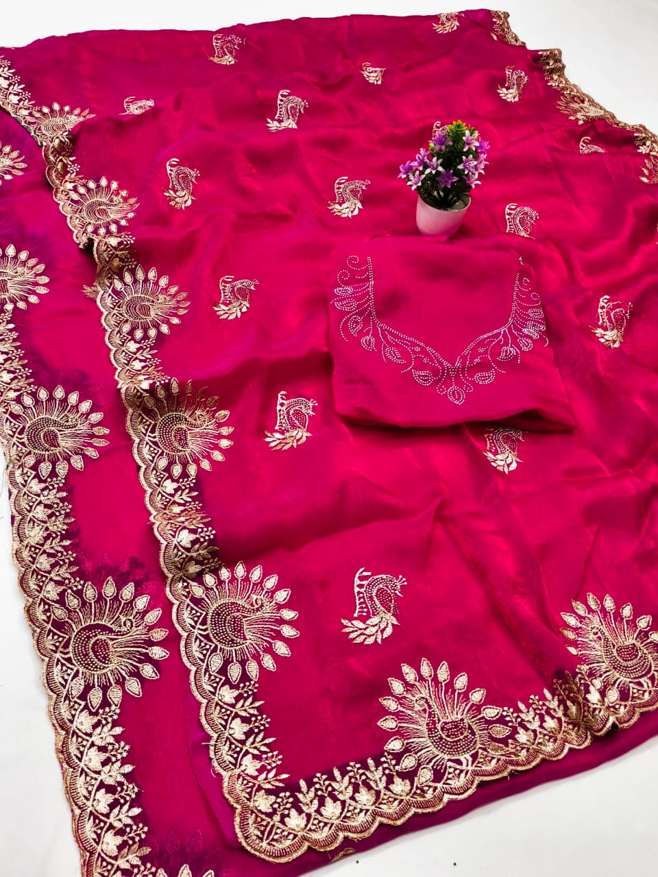 DF-AMOHA FENDI CHIFFON FABRIC SAREE WITH HEAVY EMBROIDERY WORK WITH SIROSKI WORK ALLOVER SAREE WITH BEAUTIFUL PEACOCK DESIGN WITH HEAVY WORK BLOUSE