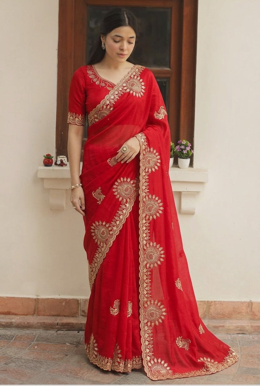 DF-AMOHA FENDI CHIFFON FABRIC SAREE WITH HEAVY EMBROIDERY WORK WITH SIROSKI WORK ALLOVER SAREE WITH BEAUTIFUL PEACOCK DESIGN WITH HEAVY WORK BLOUSE