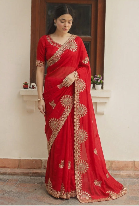 DF-AMOHA FENDI CHIFFON FABRIC SAREE WITH HEAVY EMBROIDERY WORK WITH SIROSKI WORK ALLOVER SAREE WITH BEAUTIFUL PEACOCK DESIGN WITH HEAVY WORK BLOUSE