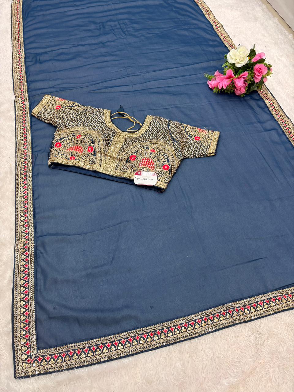 DF-PRATIMA SATIN SILK SAREE WITH EMBROIDERY WORK WITH SEQUENCE WORK WITH THREAD WORK WITH HEAVY EMBROIDERY WORK ON STICHED BLOUSE AND MODERN GIRLISH LOOK SAREE