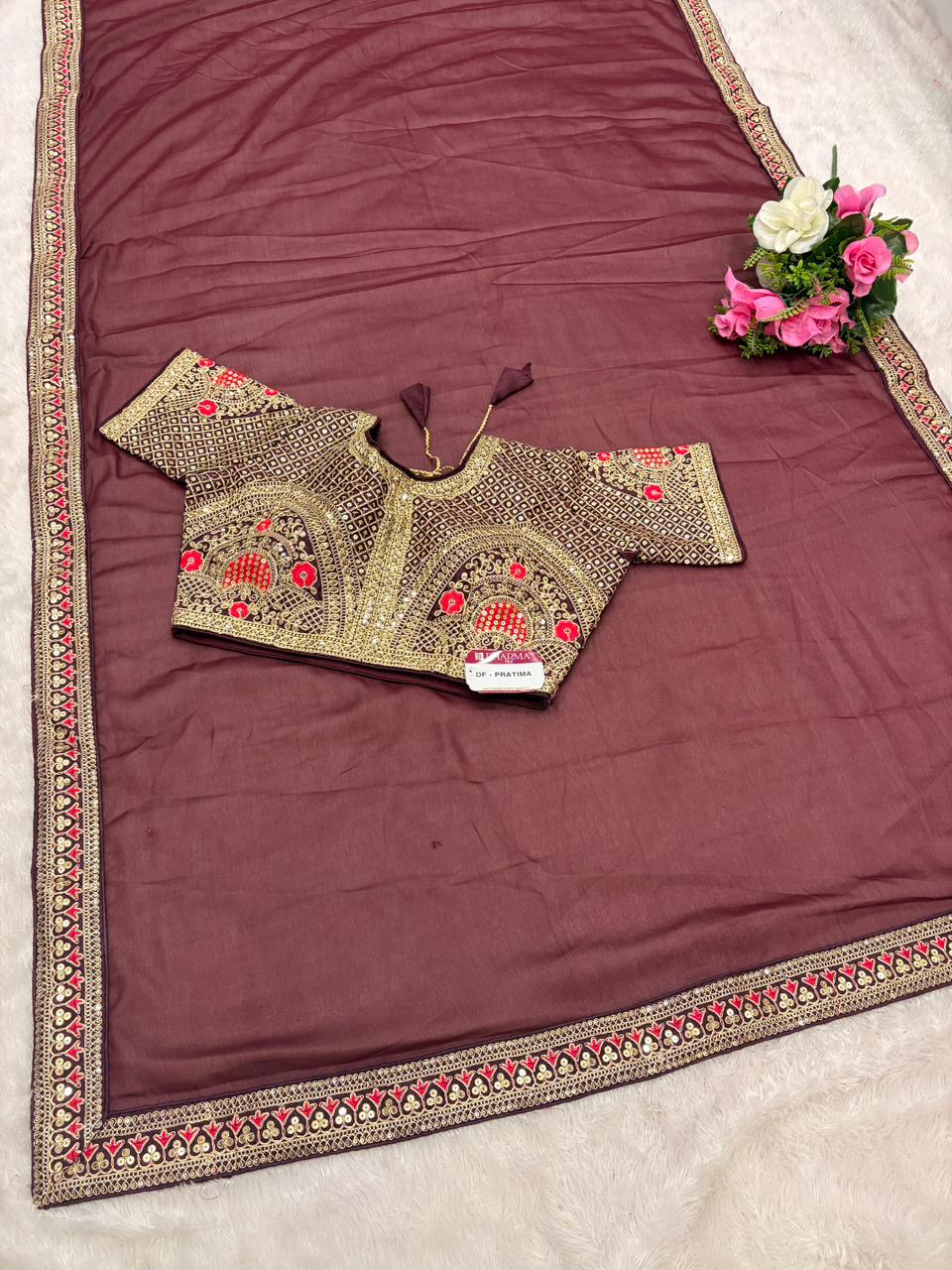 DF-PRATIMA SATIN SILK SAREE WITH EMBROIDERY WORK WITH SEQUENCE WORK WITH THREAD WORK WITH HEAVY EMBROIDERY WORK ON STICHED BLOUSE AND MODERN GIRLISH LOOK SAREE