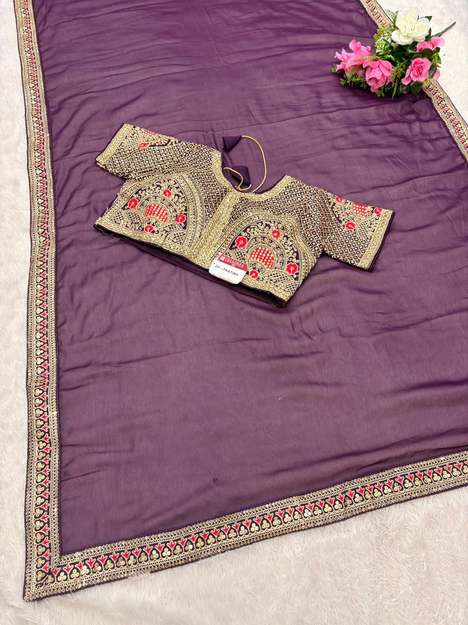 DF-PRATIMA SATIN SILK SAREE WITH EMBROIDERY WORK WITH SEQUENCE WORK WITH THREAD WORK WITH HEAVY EMBROIDERY WORK ON STICHED BLOUSE AND MODERN GIRLISH LOOK SAREE