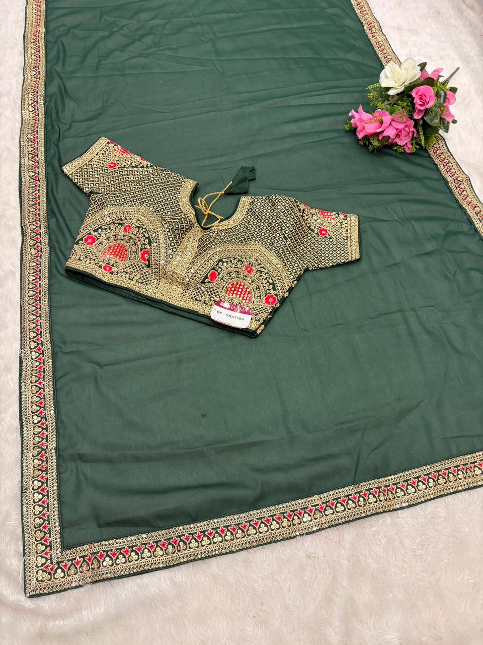 DF-PRATIMA SATIN SILK SAREE WITH EMBROIDERY WORK WITH SEQUENCE WORK WITH THREAD WORK WITH HEAVY EMBROIDERY WORK ON STICHED BLOUSE AND MODERN GIRLISH LOOK SAREE