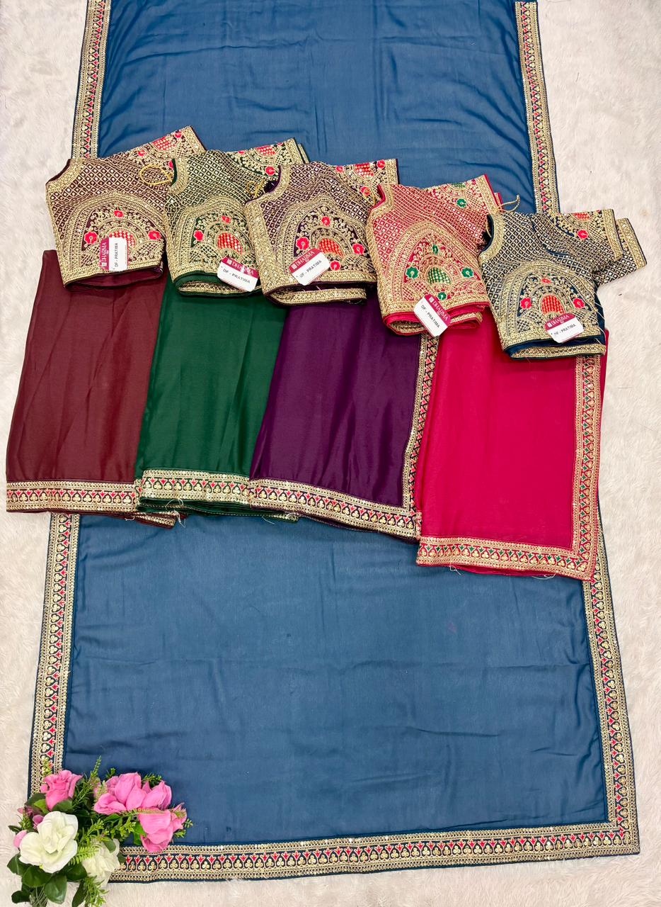 DF-PRATIMA SATIN SILK SAREE WITH EMBROIDERY WORK WITH SEQUENCE WORK WITH THREAD WORK WITH HEAVY EMBROIDERY WORK ON STICHED BLOUSE AND MODERN GIRLISH LOOK SAREE
