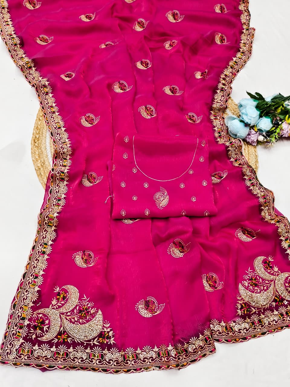DF-JAYSHREE FENDI SATIN FABRIC SAREE WITH BEAUTIFUL DESIGN WITH EMBROIDERY WORK WITH HEAVY JARKAN WORK WITH HEAVY WORK BLOUSE