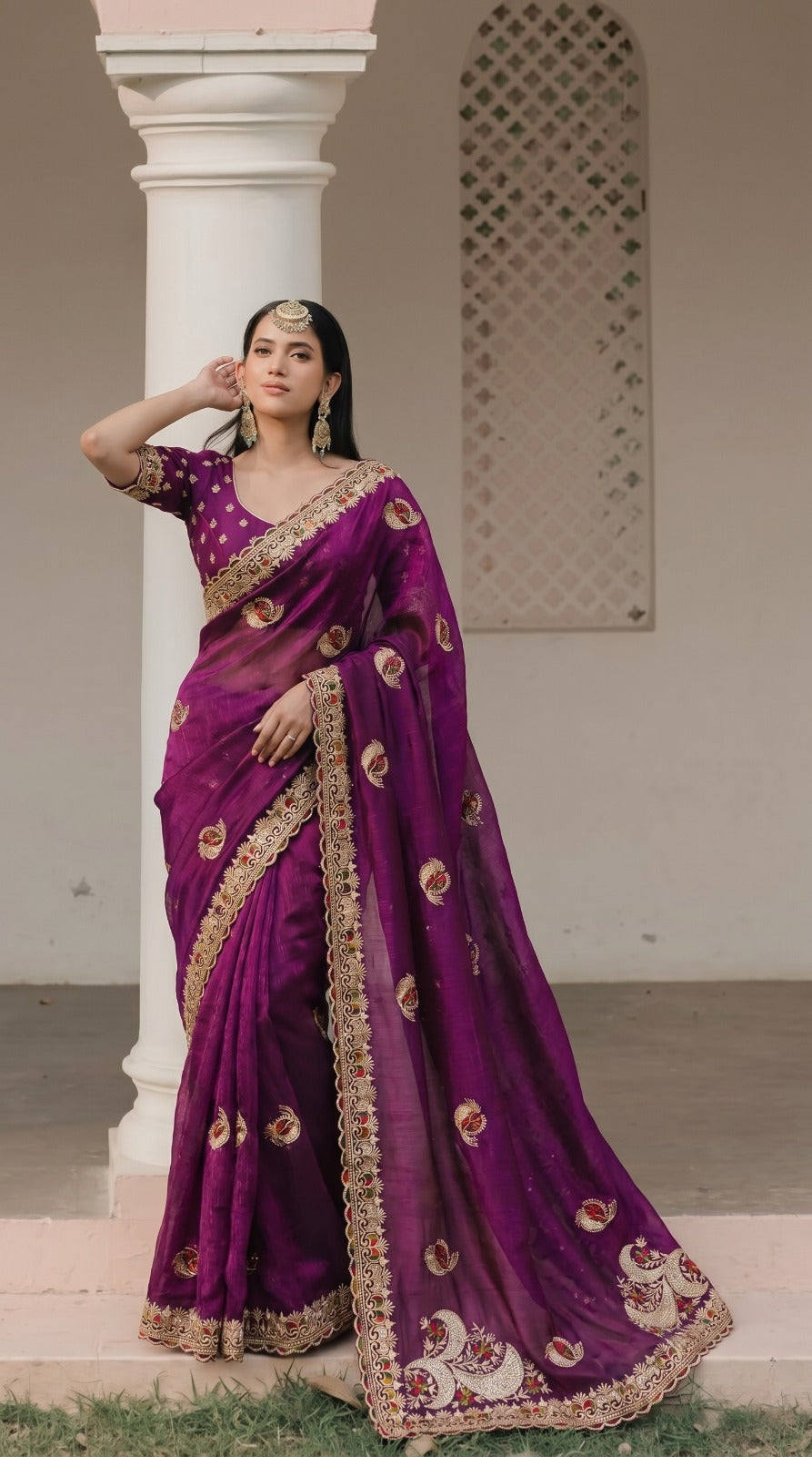 DF-JAYSHREE FENDI SATIN FABRIC SAREE WITH BEAUTIFUL DESIGN WITH EMBROIDERY WORK WITH HEAVY JARKAN WORK WITH HEAVY WORK BLOUSE