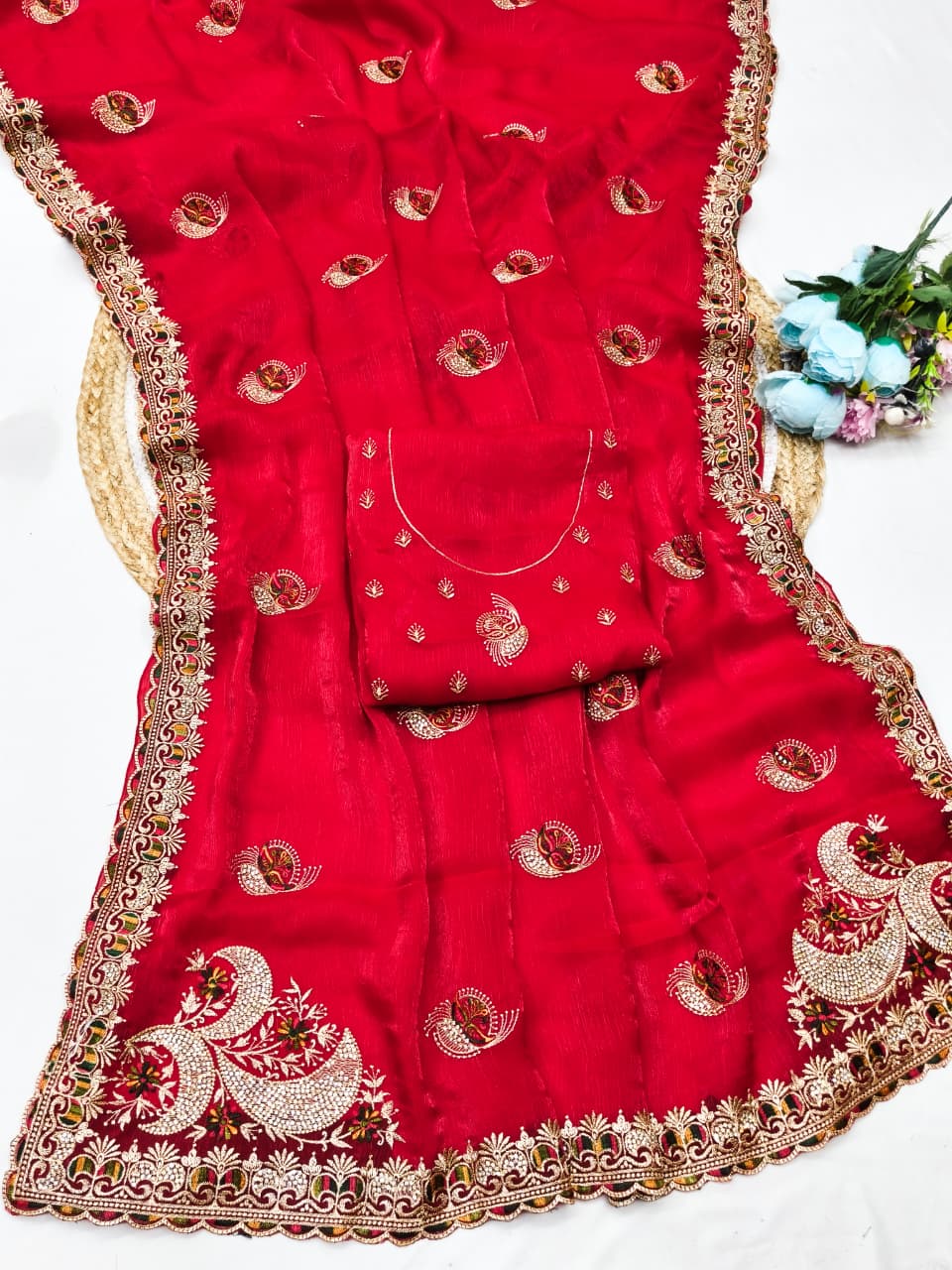 DF-JAYSHREE FENDI SATIN FABRIC SAREE WITH BEAUTIFUL DESIGN WITH EMBROIDERY WORK WITH HEAVY JARKAN WORK WITH HEAVY WORK BLOUSE