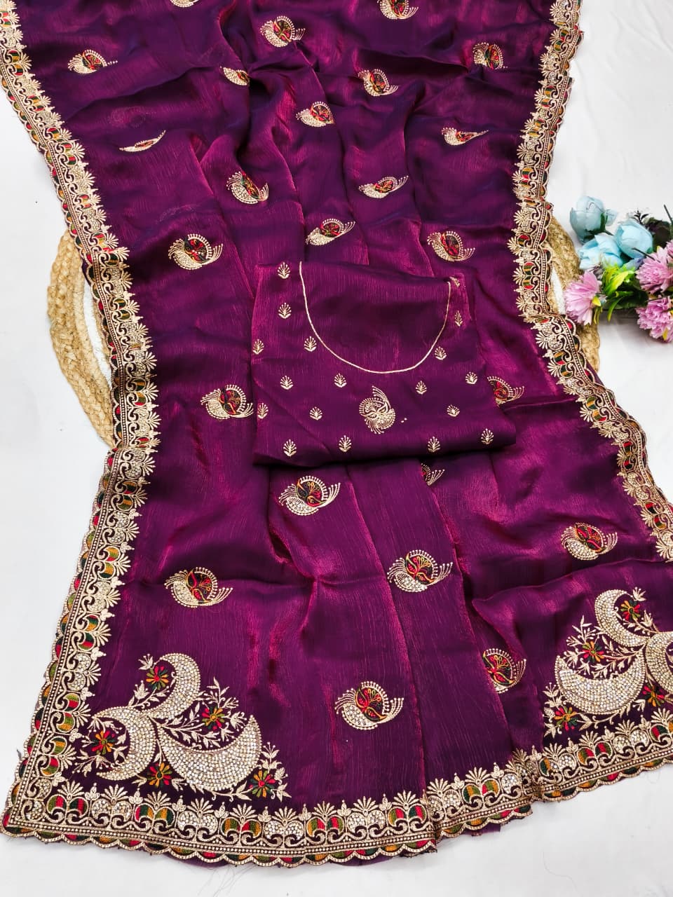 DF-JAYSHREE FENDI SATIN FABRIC SAREE WITH BEAUTIFUL DESIGN WITH EMBROIDERY WORK WITH HEAVY JARKAN WORK WITH HEAVY WORK BLOUSE