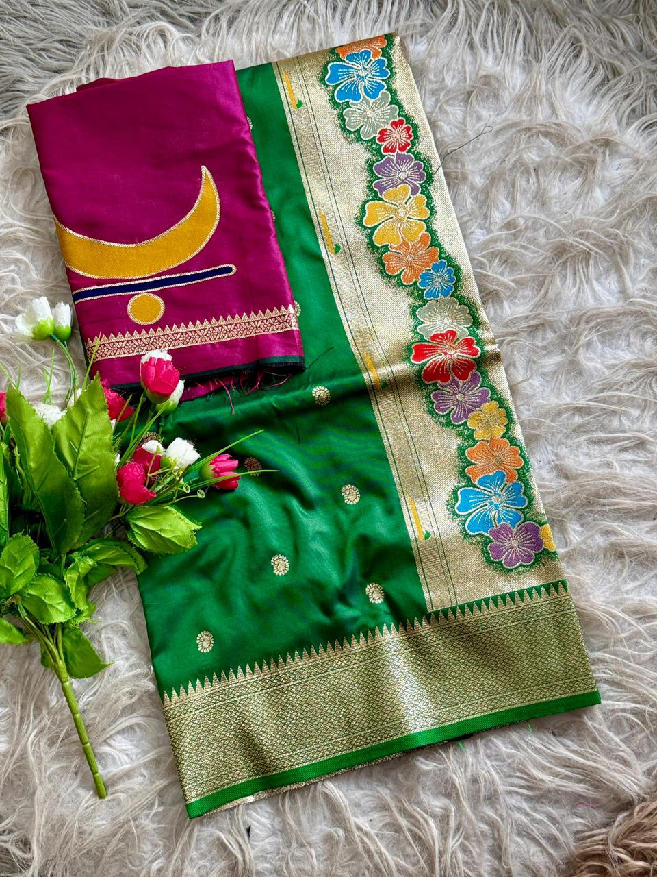 SA-7035-B SOFT SILK SAREE WITH STUNNING RAJMATA PAITHANI FEATURES AN ELEGANT KALANJALI BORDER WITH A MAJESTIC RAJMATA PAITHANI PALLU AND GRACEFUL KOHIRI BUTTI WOVEN ALL OVER THE BODY WITH FINISHED WITH PAITHANI BLOUSE