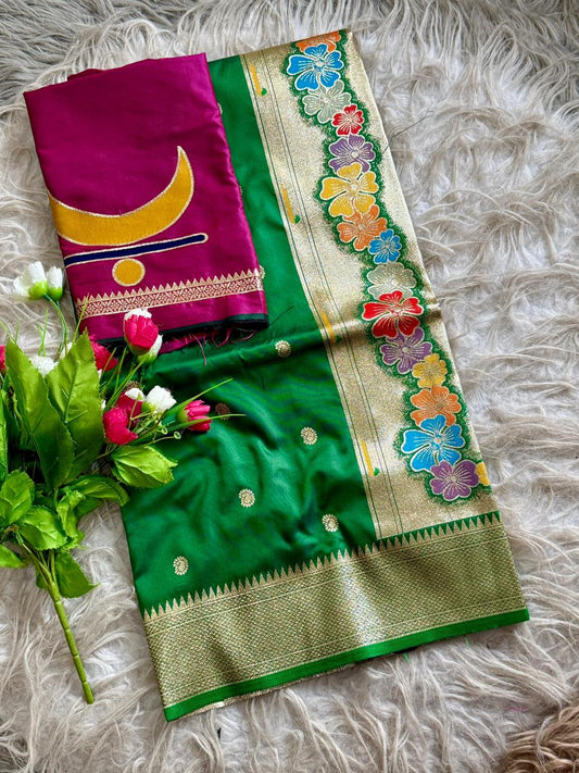 SA-7035-B SOFT SILK SAREE WITH STUNNING RAJMATA PAITHANI FEATURES AN ELEGANT KALANJALI BORDER WITH A MAJESTIC RAJMATA PAITHANI PALLU AND GRACEFUL KOHIRI BUTTI WOVEN ALL OVER THE BODY WITH FINISHED WITH PAITHANI BLOUSE