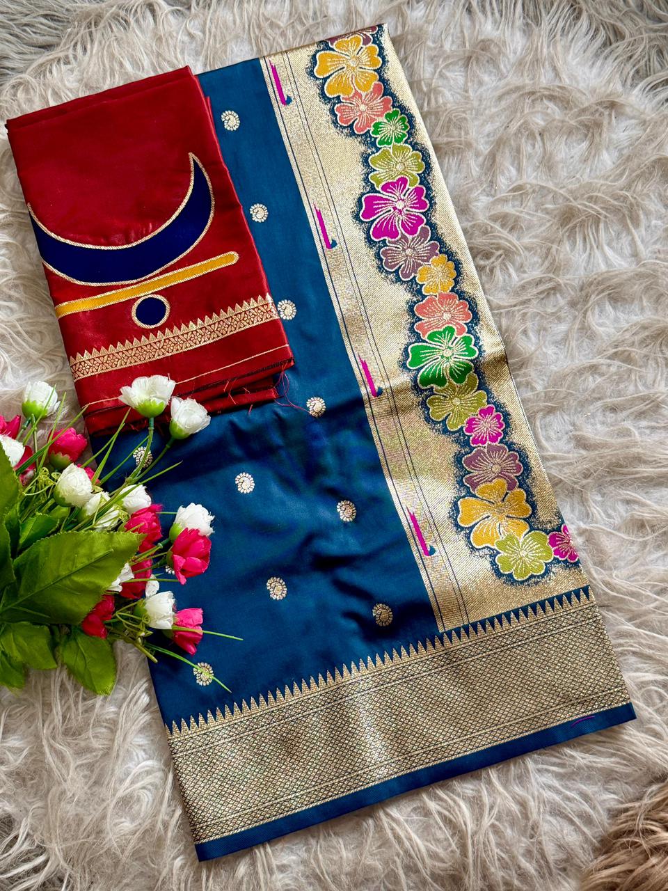 SA-7035-B SOFT SILK SAREE WITH STUNNING RAJMATA PAITHANI FEATURES AN ELEGANT KALANJALI BORDER WITH A MAJESTIC RAJMATA PAITHANI PALLU AND GRACEFUL KOHIRI BUTTI WOVEN ALL OVER THE BODY WITH FINISHED WITH PAITHANI BLOUSE
