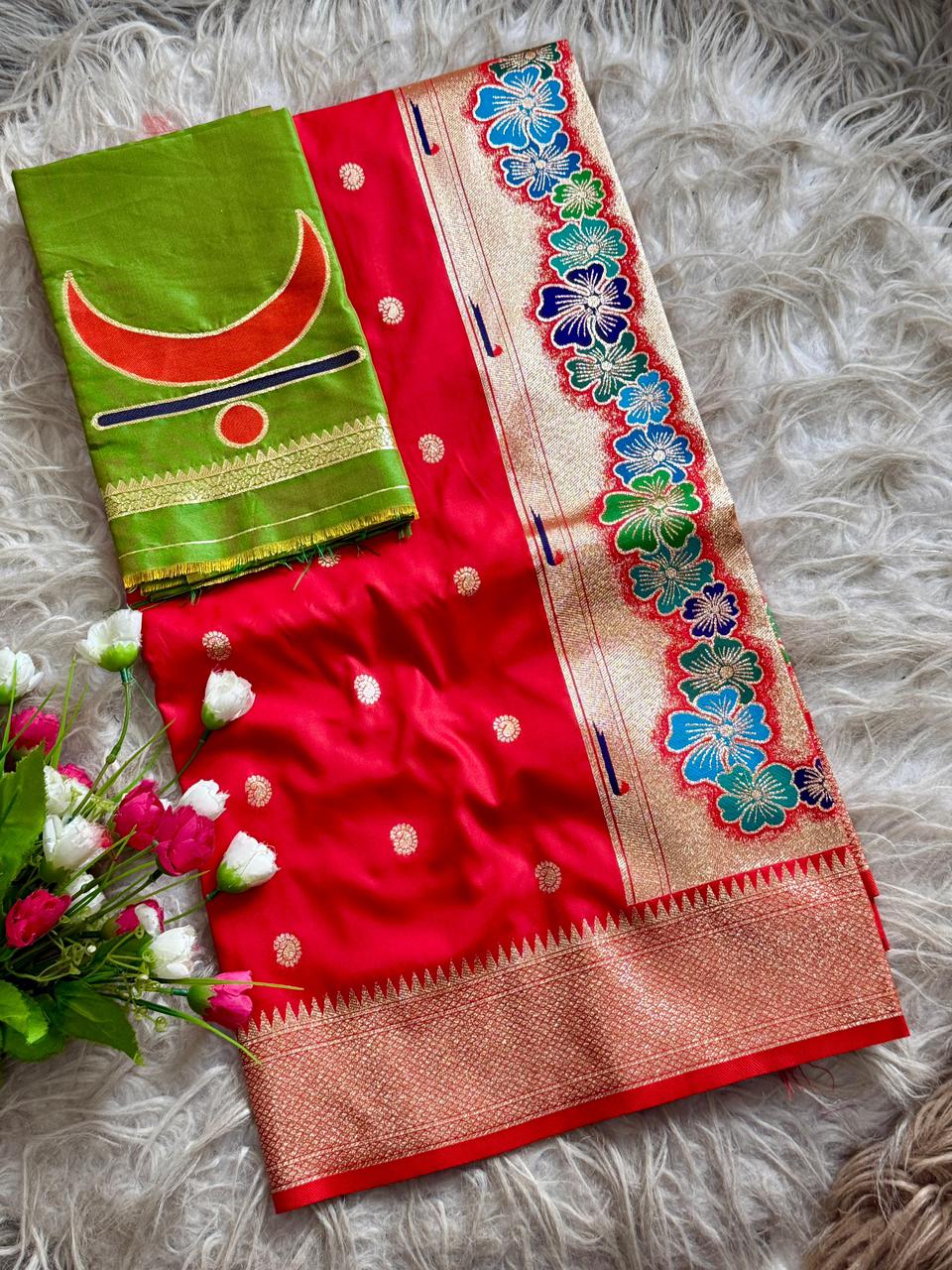 SA-7035-B SOFT SILK SAREE WITH STUNNING RAJMATA PAITHANI FEATURES AN ELEGANT KALANJALI BORDER WITH A MAJESTIC RAJMATA PAITHANI PALLU AND GRACEFUL KOHIRI BUTTI WOVEN ALL OVER THE BODY WITH FINISHED WITH PAITHANI BLOUSE