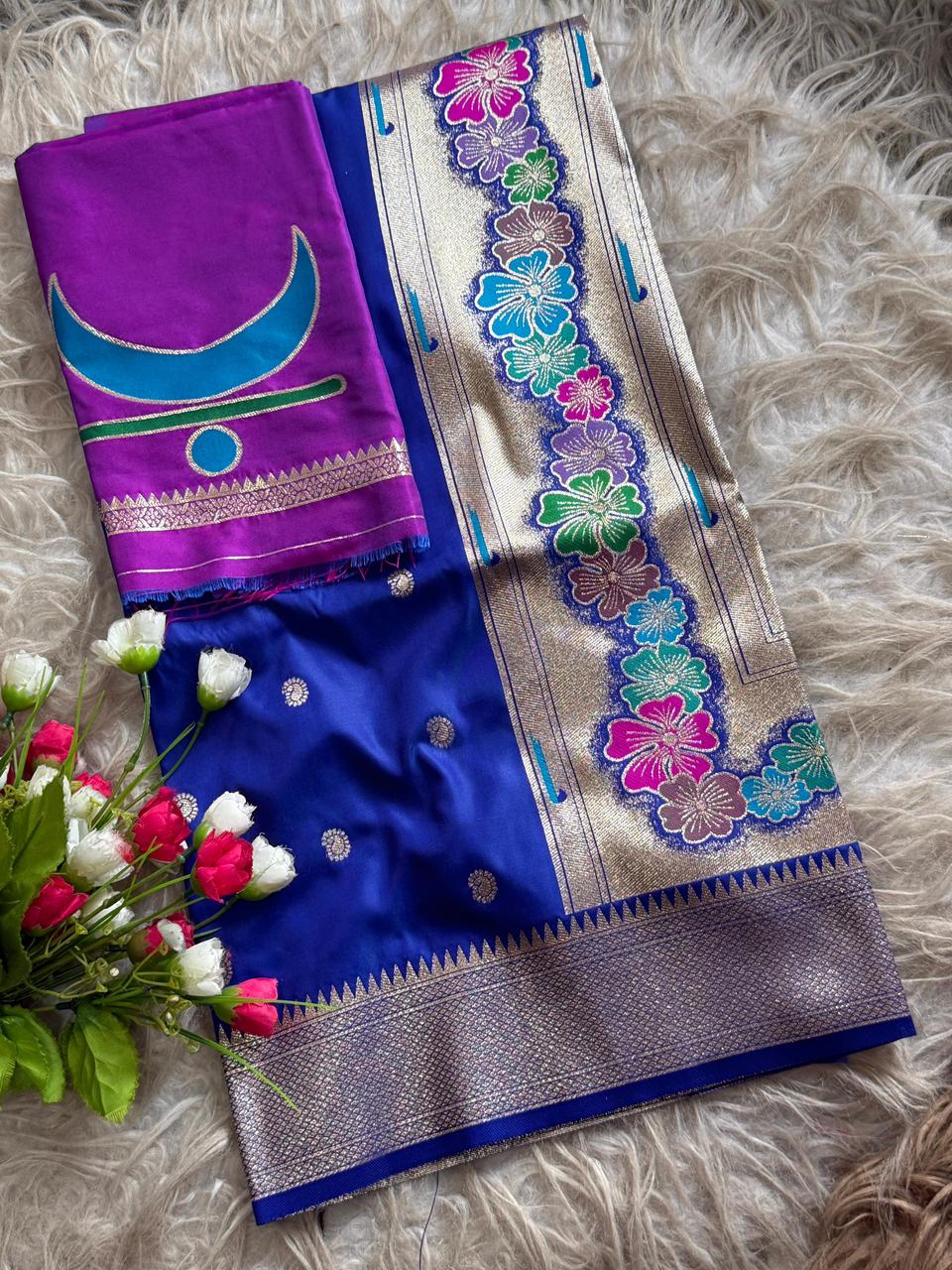 SA-7035-B SOFT SILK SAREE WITH STUNNING RAJMATA PAITHANI FEATURES AN ELEGANT KALANJALI BORDER WITH A MAJESTIC RAJMATA PAITHANI PALLU AND GRACEFUL KOHIRI BUTTI WOVEN ALL OVER THE BODY WITH FINISHED WITH PAITHANI BLOUSE